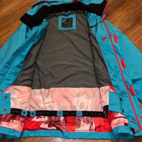 Oakley Teal Blue & Red Ski Snowboard Zip Up Hooded  Winter Jacket Size M RARE - Picture 3 of 15